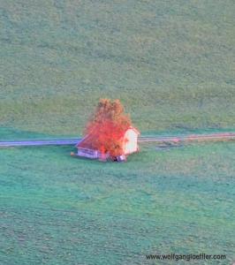 Einsame Scheune mit Baum von oben