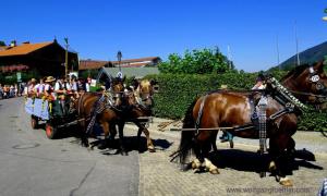 vier Pferde ziehen einen Wagen mit einer Trachtengruppe
