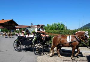 Eine historische Kutsche wird von zwei Pferden gezogen