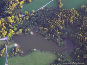 Luftaufnahme eines kleinen von Wald umgebenen Sees